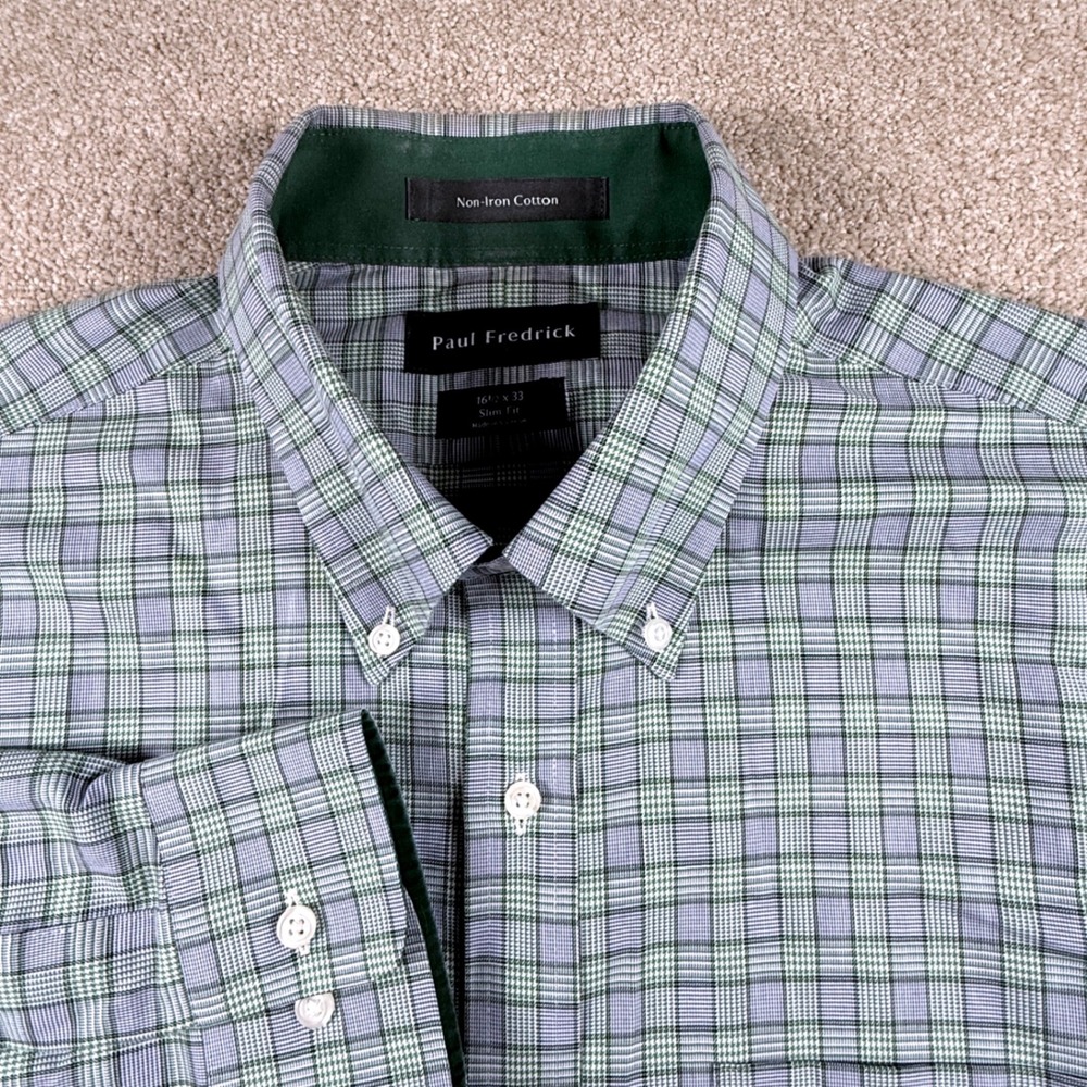Paul Fredrick Button Down Shirt Mens 16.5x33 Green Plaid Slim Fit Cotton